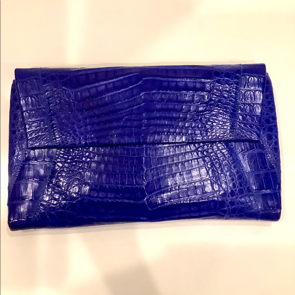 NWT Nancy Gonzales bright blue crocodile envelope bag